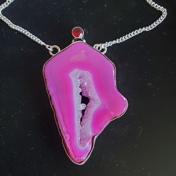 New Pink Agate Druzy & Garnet 925 Silver Necklace. - Picture 10 of 14